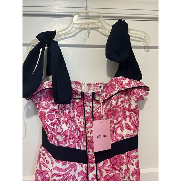 New Entro Midi Sun Dress Women's Medium Smock Pink Floral Tie Shoulder Feminine - Picture 7 of 9